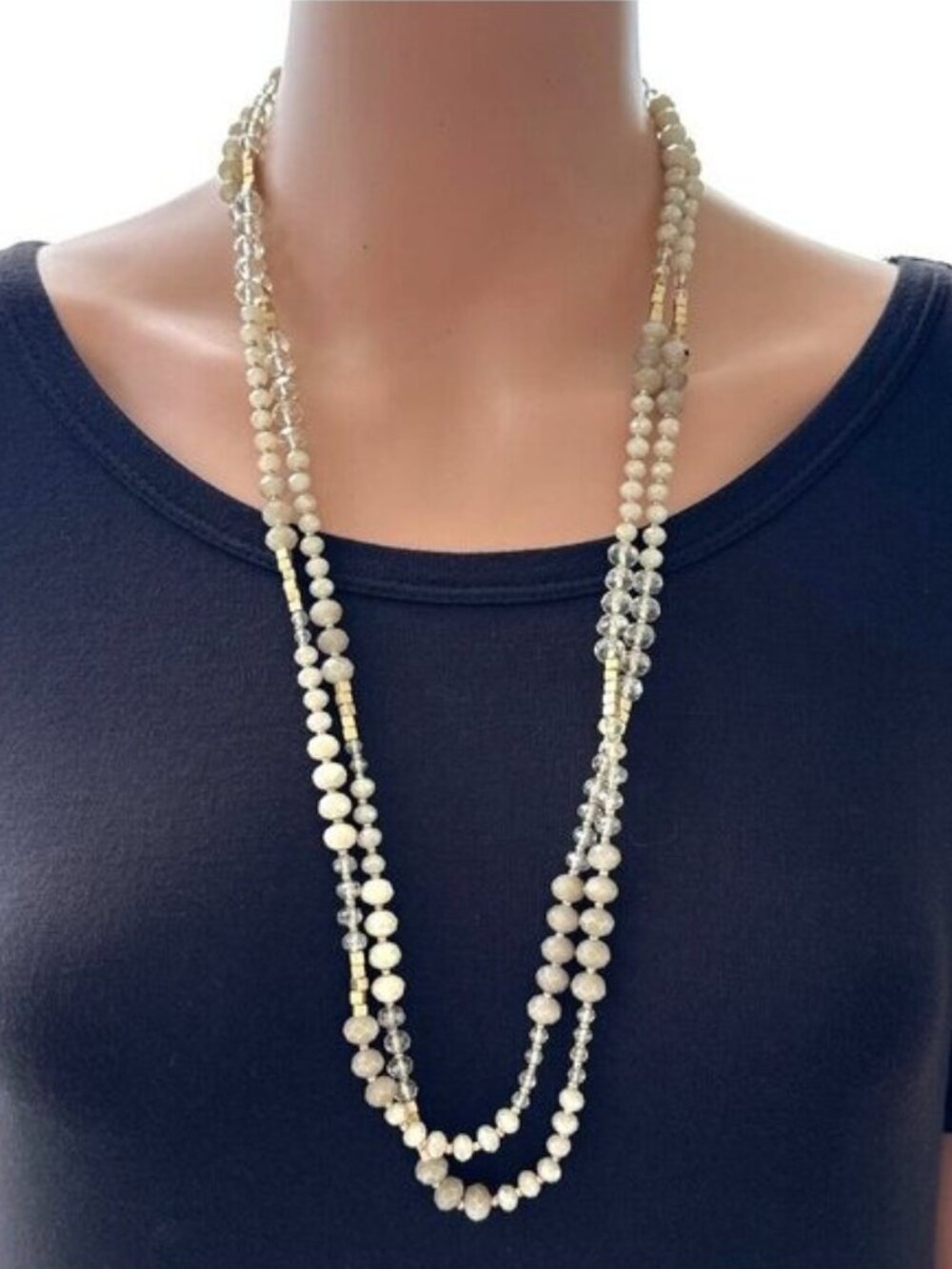 Sparkling Beaded Rope Necklace Cream Gold Tone 60 Inches